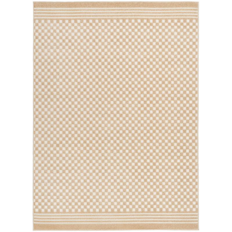 Taupe and White Synthetic Checkered Rectangular Area Rug