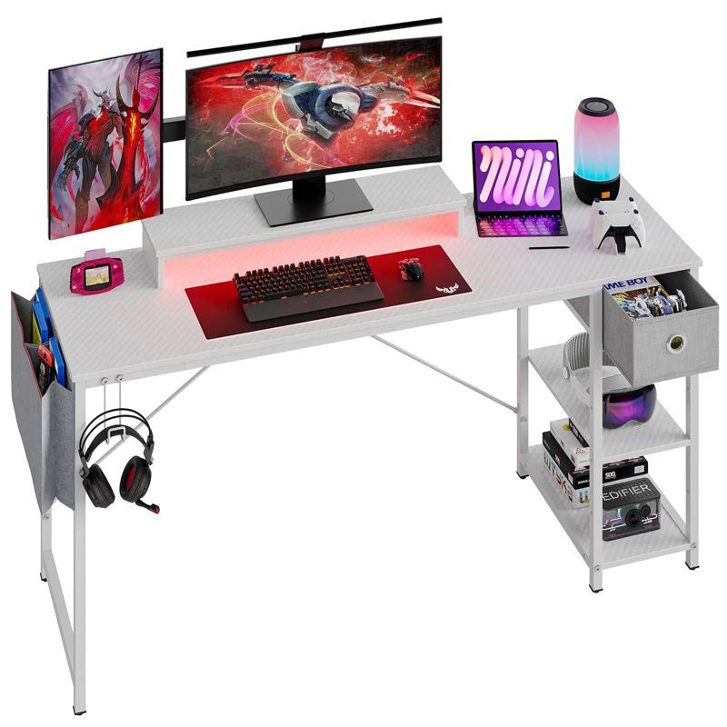 White 61-Inch LED Computer Desk with Drawer and Headphone Hook