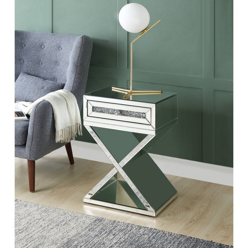 32" Glamorous Mirrored X-Shaped Accent Table with Faux Diamond Inlay