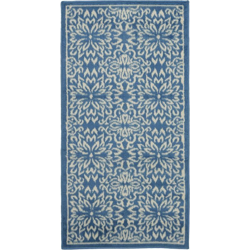Ivory & Blue Floral Hand-Knotted Viscose Area Rug, 2' x 4'