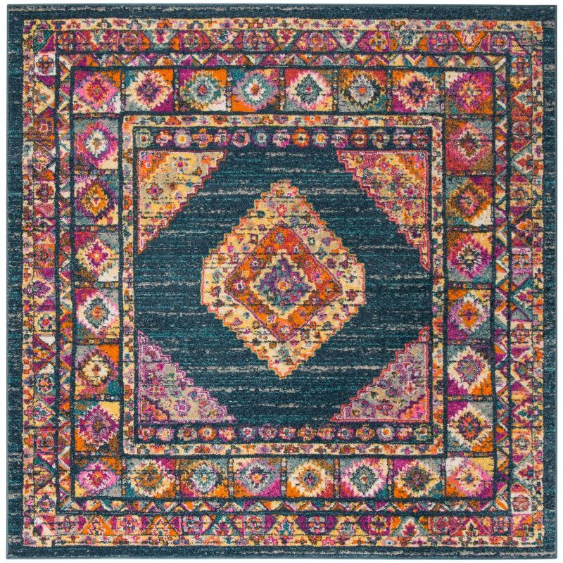 Blue and Fuchsia Square Bohemian Synthetic Area Rug