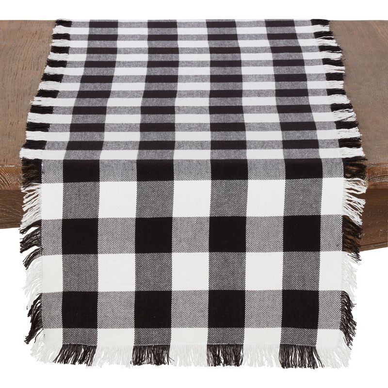 Black and White Cotton Fringed Buffalo Plaid Table Runner