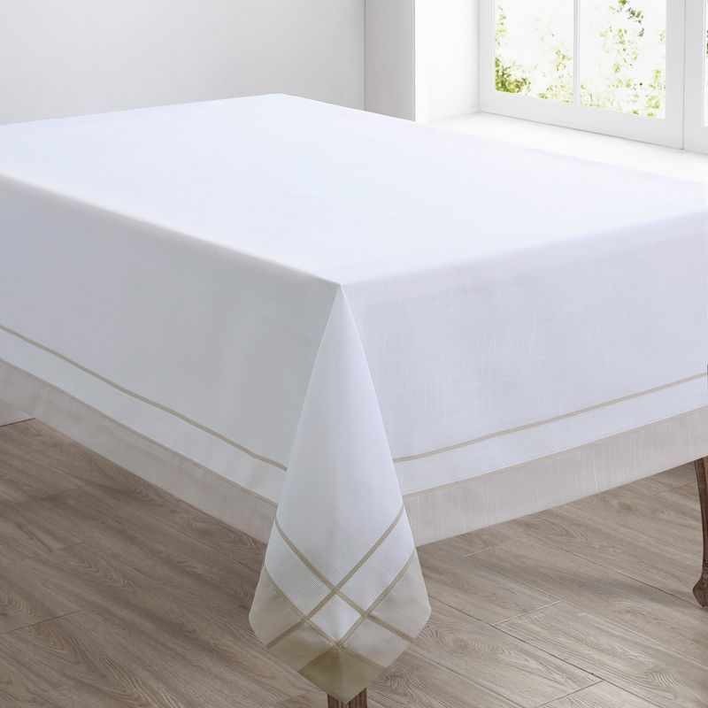 White Polyester Tablecloth with Banded Border Design