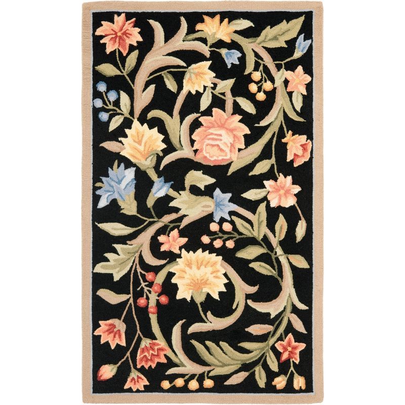 Hand-Hooked Black Floral Wool Area Rug 2'9" x 4'9"