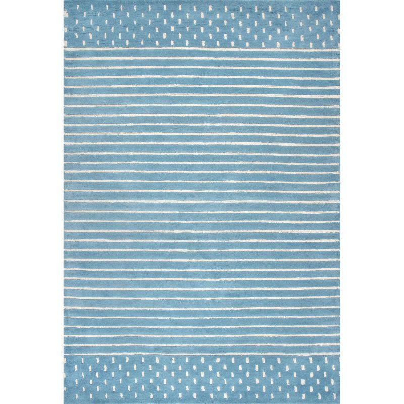 Baby Blue Striped Wool 4' x 6' Handmade Area Rug