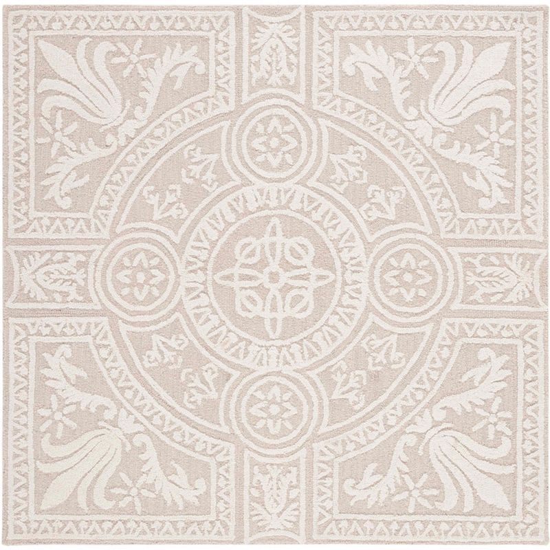 Ivory and Light Grey Floral Wool Tufted Square Rug