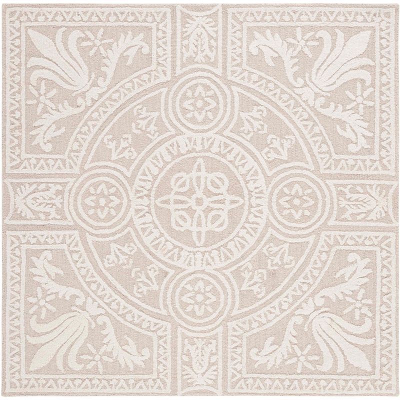 Ivory and Light Grey Floral Wool Tufted Square Rug