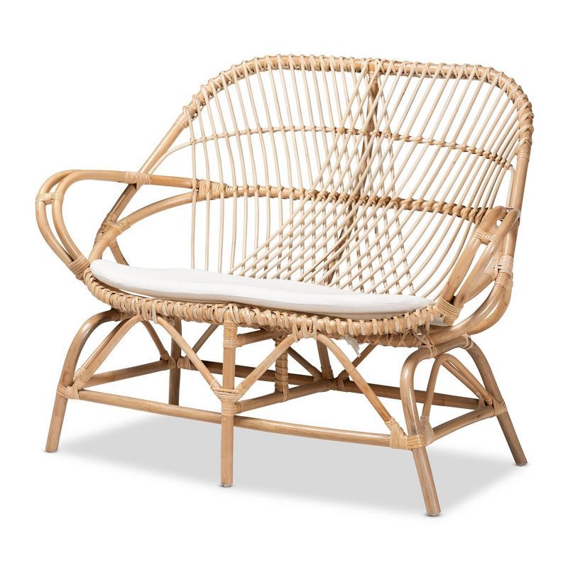 Jayden White Fabric and Natural Rattan Loveseat