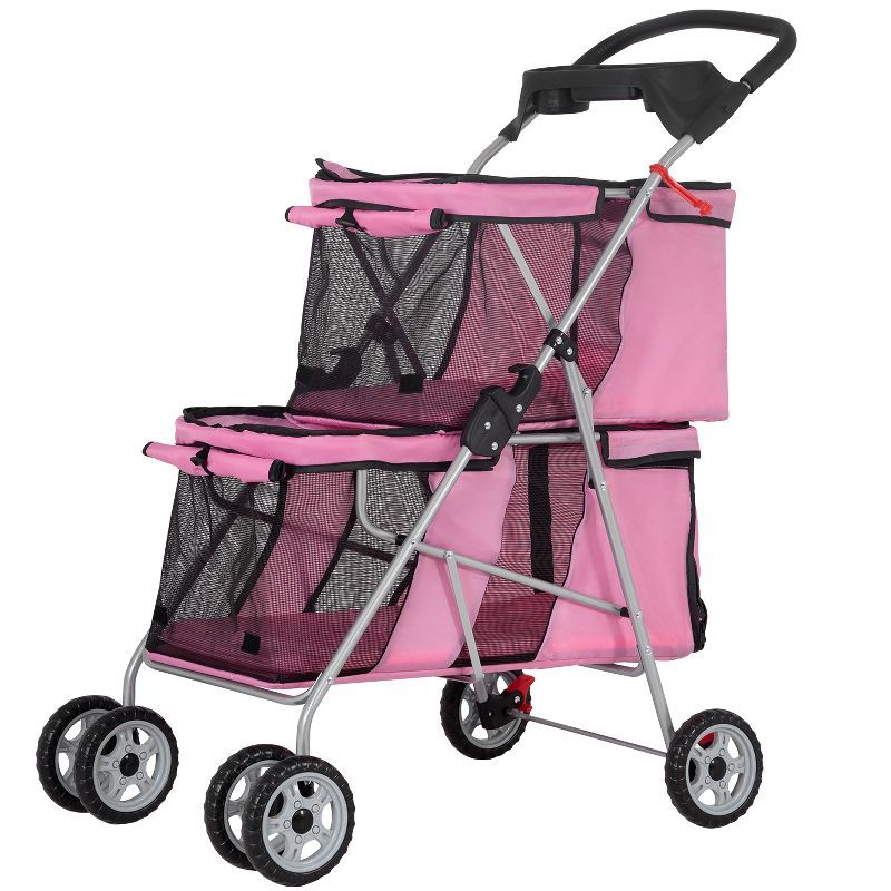 Pink Double Decker Folding Dog Stroller with Mesh Windows