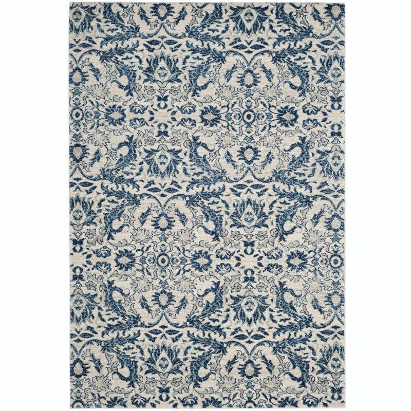 Ivory and Blue High Pile Synthetic Area Rug