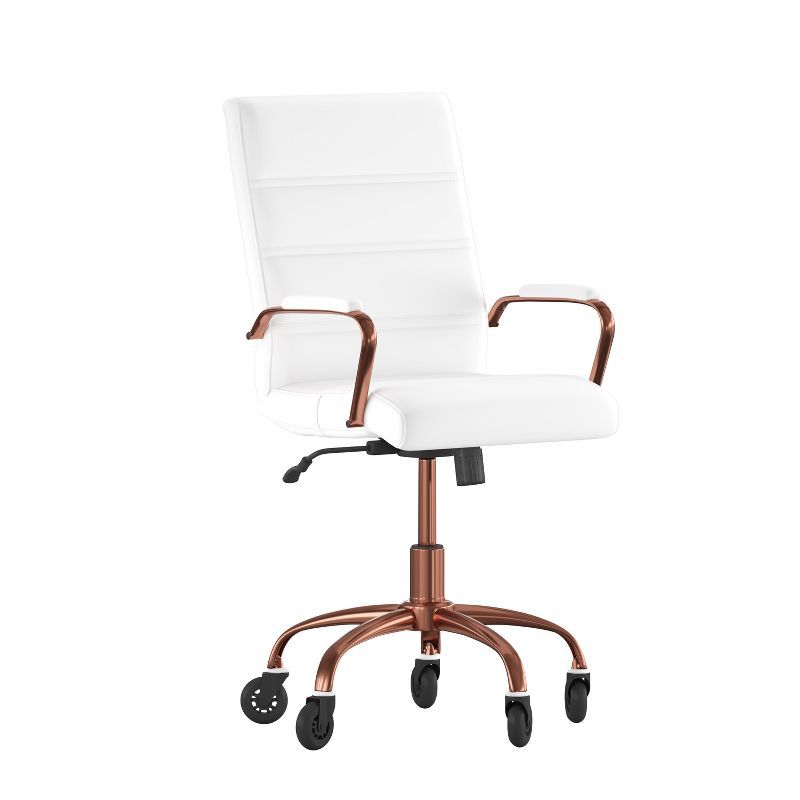 White LeatherSoft Mid-Back Executive Swivel Chair with Rose Gold Frame