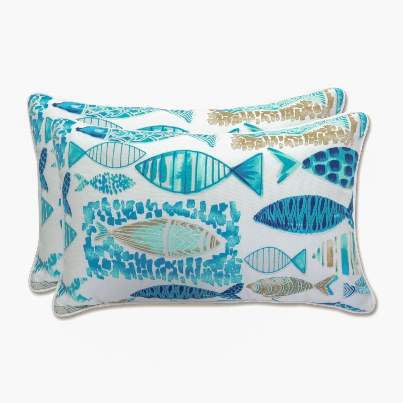 Blue and White Nautical Fish Pattern Outdoor Pillow Set