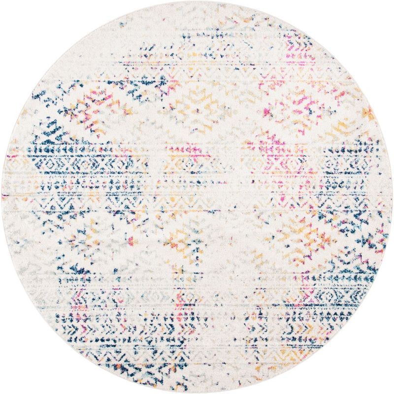 Ivory & Blue Geometric Round Synthetic Area Rug - 3ft Diameter