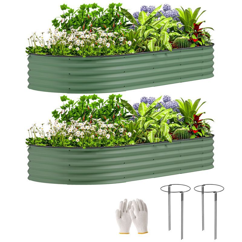 Green Galvanized Steel Raised Garden Bed Set with Metal Plant Stakes