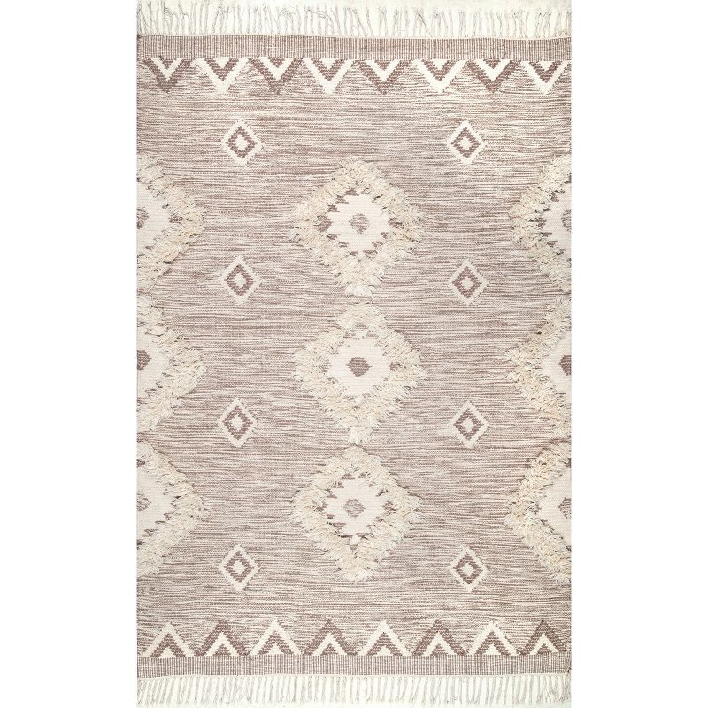 Handmade Beige Wool Shag Rug with Geometric Braided Tassels, 4' x 6'