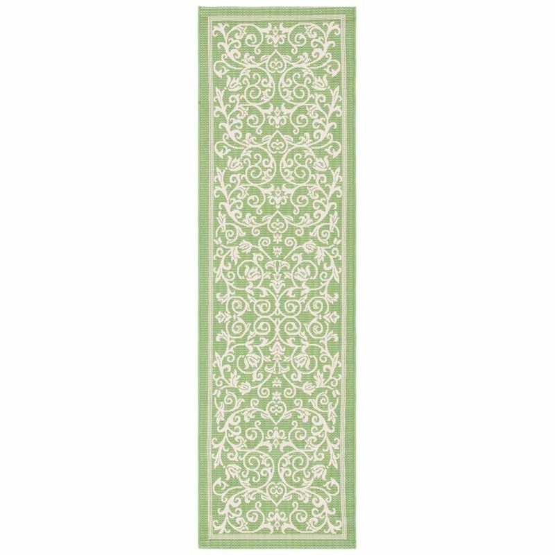 Olive and Natural Baroque Print Outdoor Runner Rug
