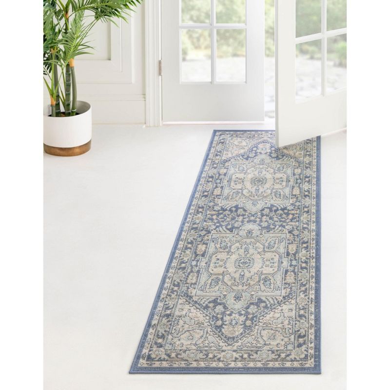 French Blue Medallion Runner Rug with Easy Care Synthetic Weave