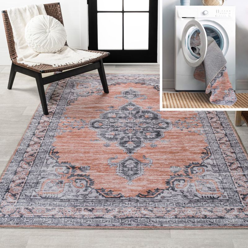 Chenille Orange and Gray Medallion Washable 8' x 10' Area Rug