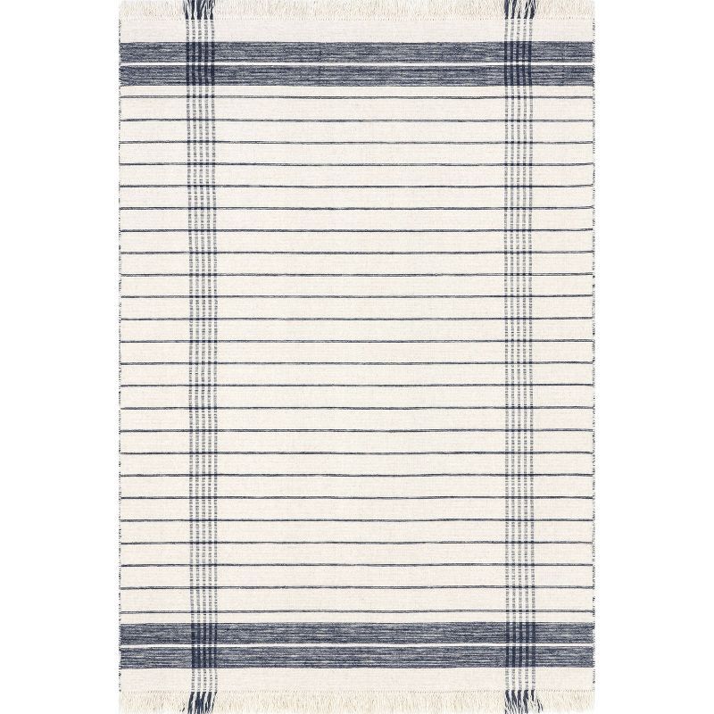 Ivory and Blue Striped Wool Fringe Area Rug 2' x 3'