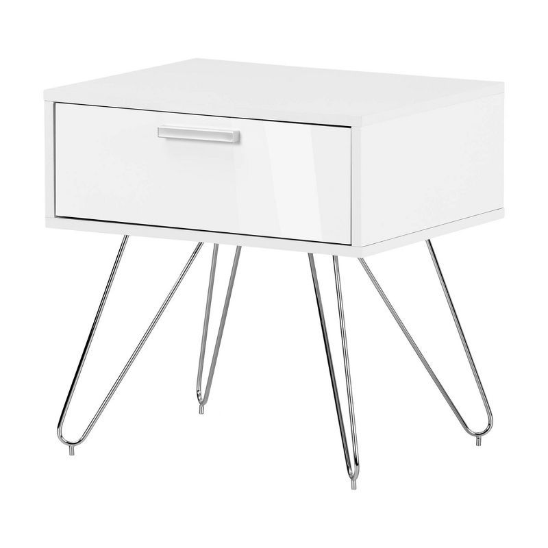 Pure White Scandinavian End Table with Storage Drawer and Metal Hairpin Legs