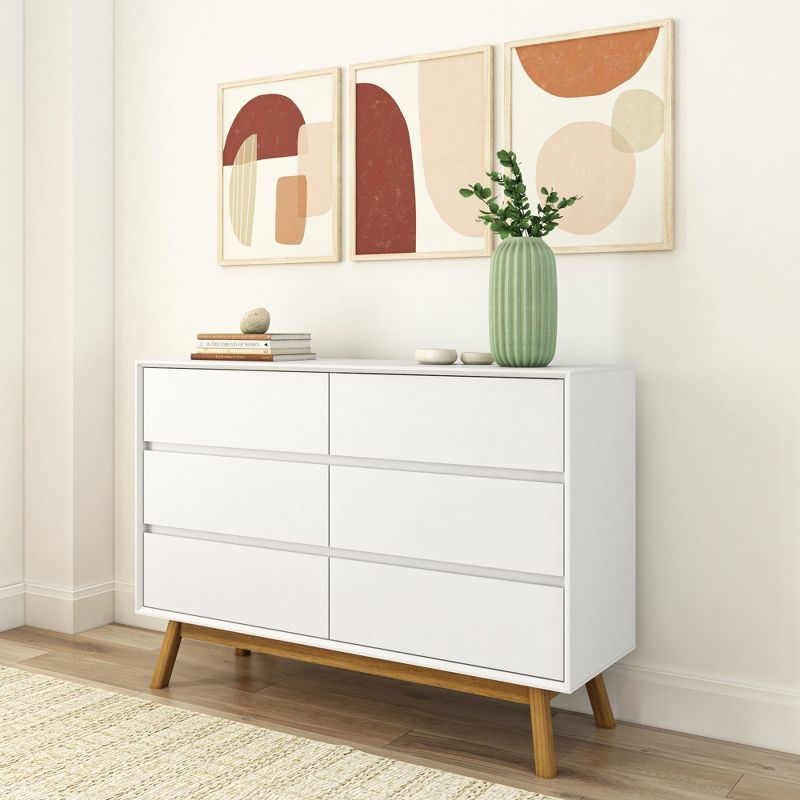 White and Pecan Solid Wood Mid-Century 6-Drawer Dresser