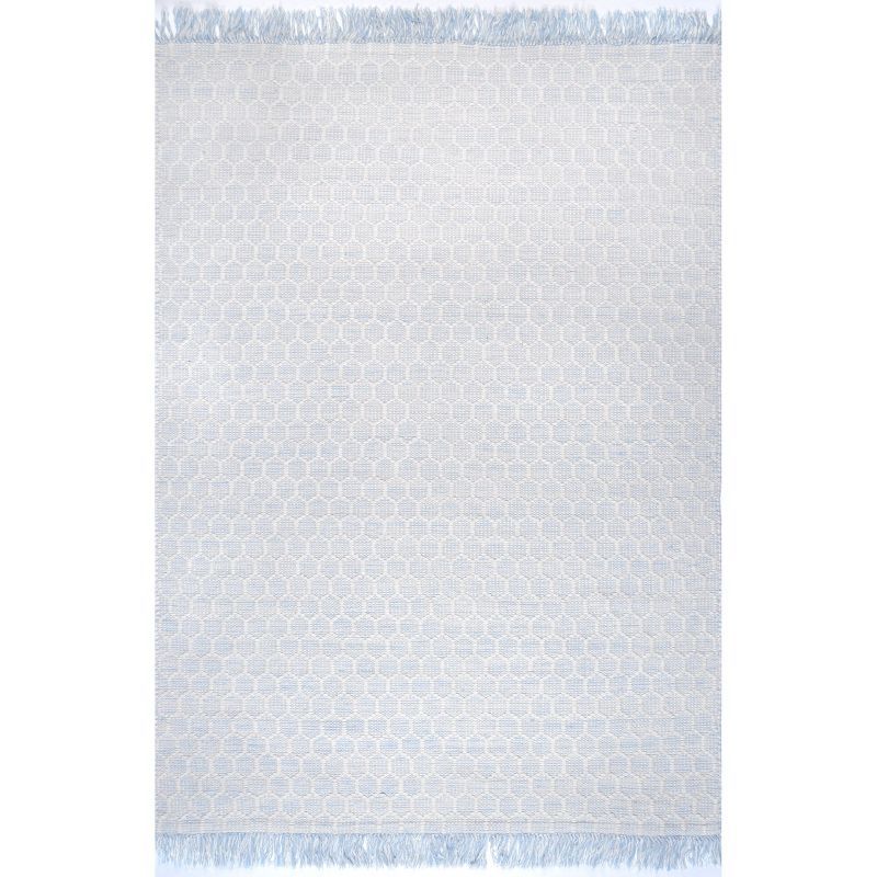 Handmade Honeycomb Geometric Wool-Cotton Rug in Baby Blue, 3' x 5'