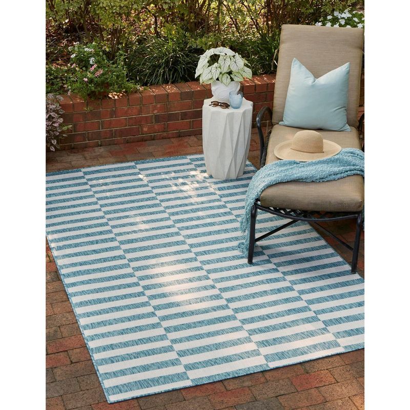 Coastal Breeze Light Aqua and Ivory Striped 7x10 Outdoor Rug