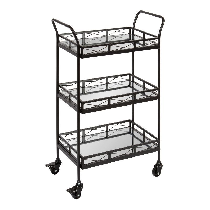 Ketia Black Metal 3-Tier Mirrored Bar Cart