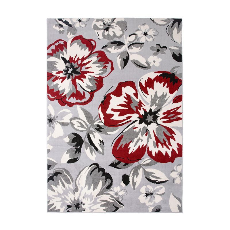 Red and Gray Floral Synthetic 9' x 12' Reversible Area Rug