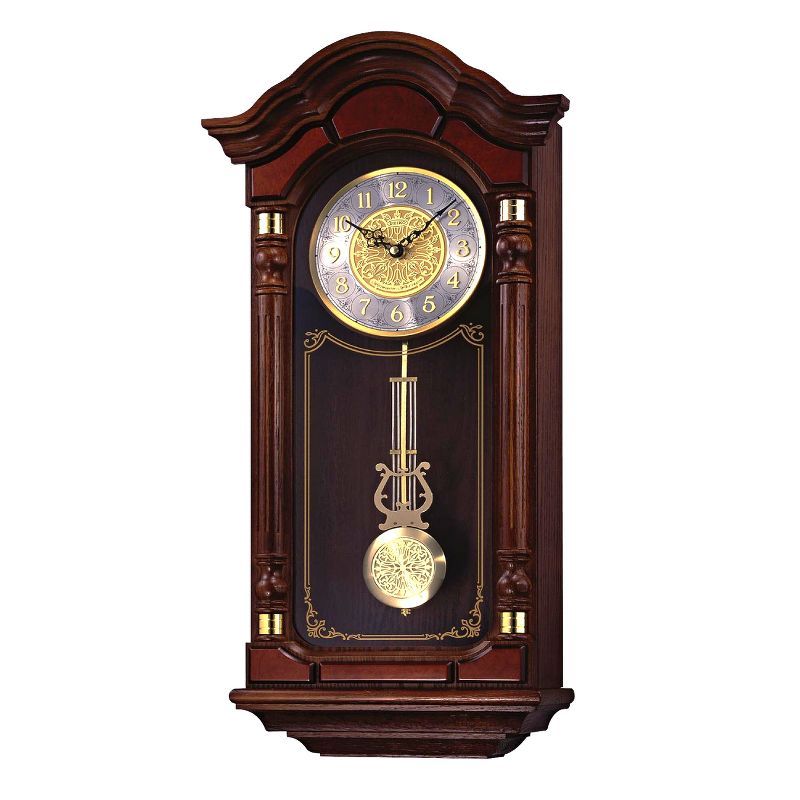 Seiko Dark Brown Oak Wall Clock with Brass Pendulum and Chime