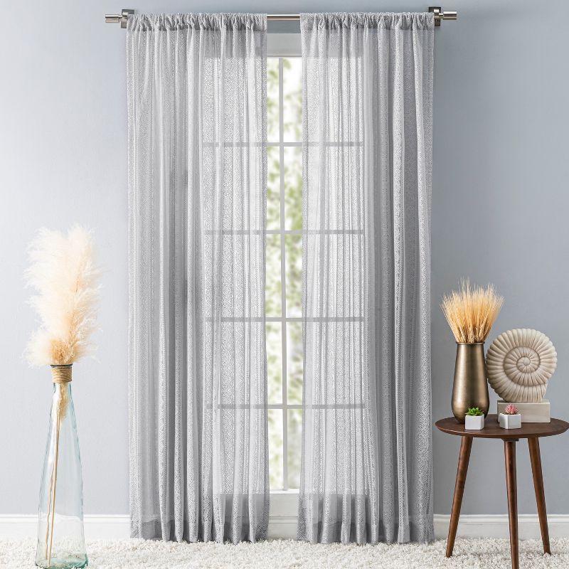 Gray Lace Sheer Rod Pocket Window Curtain Panel