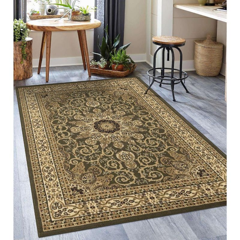 Green and Beige Floral Medallion 8' x 10' Synthetic Area Rug