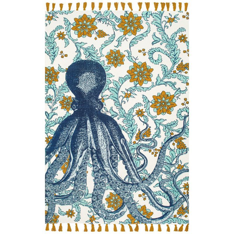 Multicolor Cotton Octopus Flatweave Area Rug with Tassels, 5' x 8'
