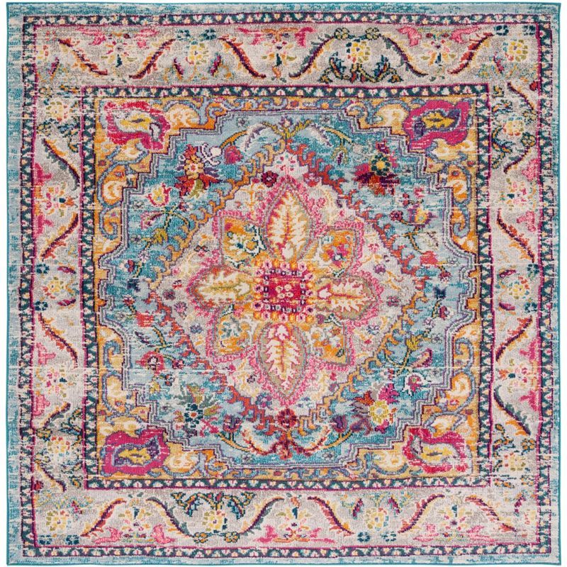 Phoenix Turquoise and Beige Square Medallion Area Rug