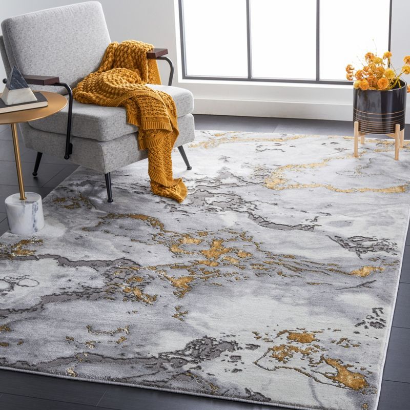 Eclat Abstract Gray and Gold 4' Square Synthetic Area Rug