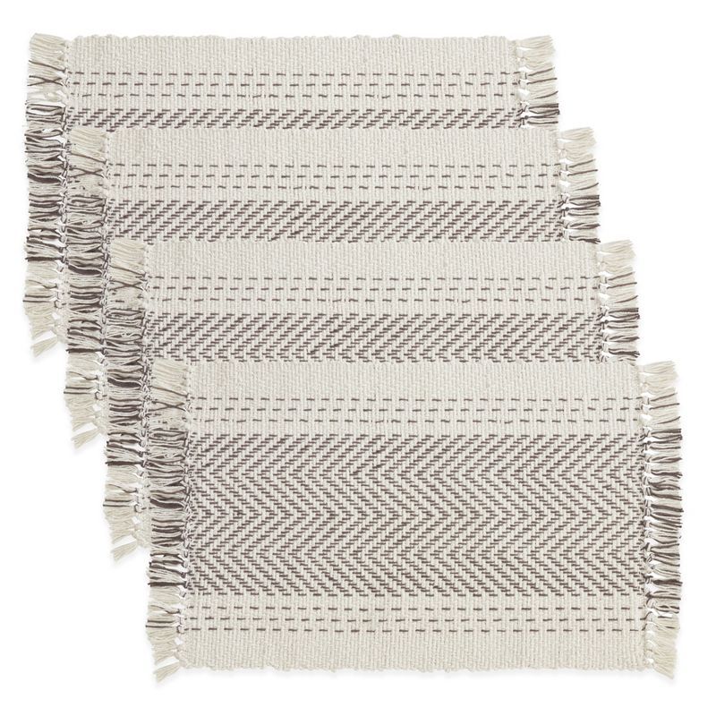 Gray Cotton Kantha Stitch Placemats with Fringe Edges, Set of 4