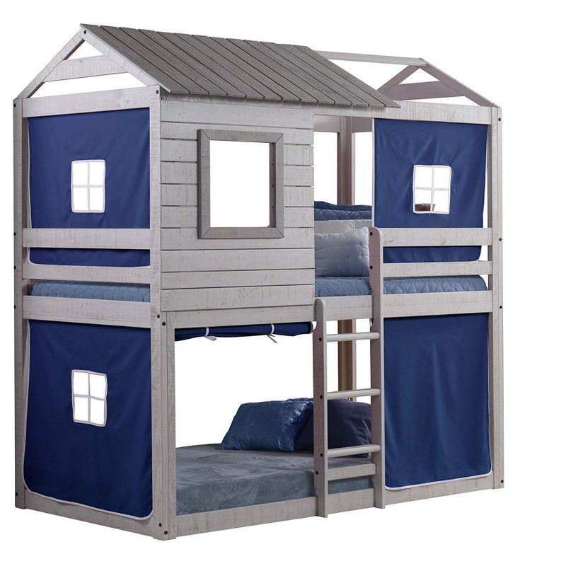 Rustic Light Grey Pine Twin Over Twin Bunk Bed with Blue Tent