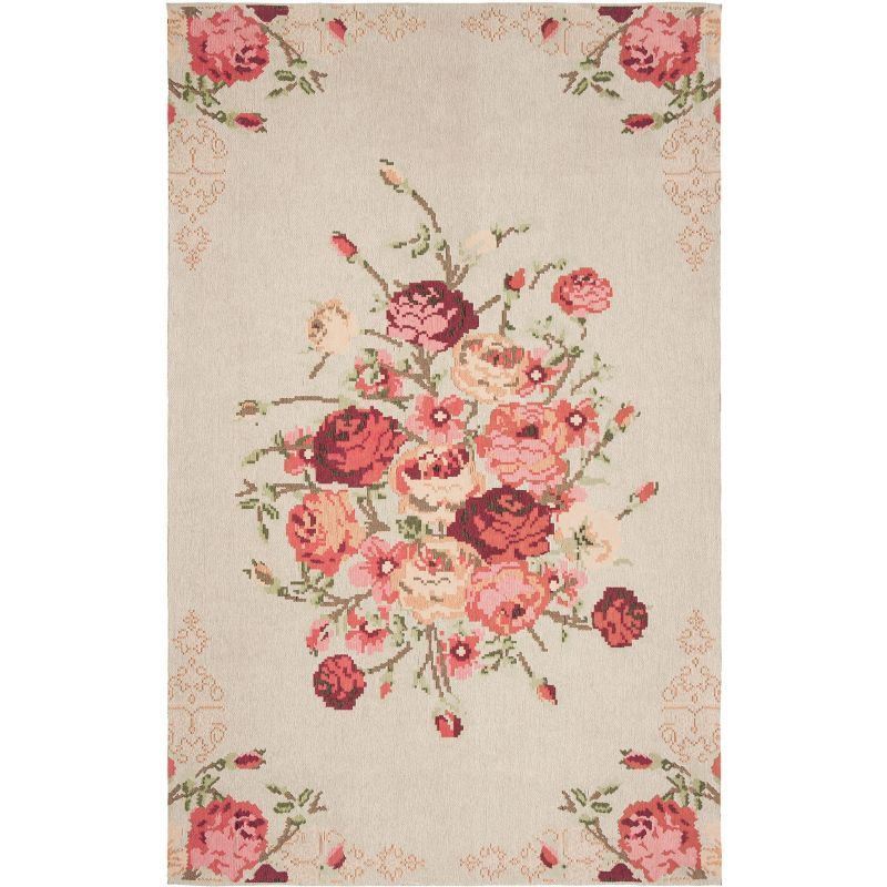 Beige and Red Floral Cotton Low Pile Area Rug