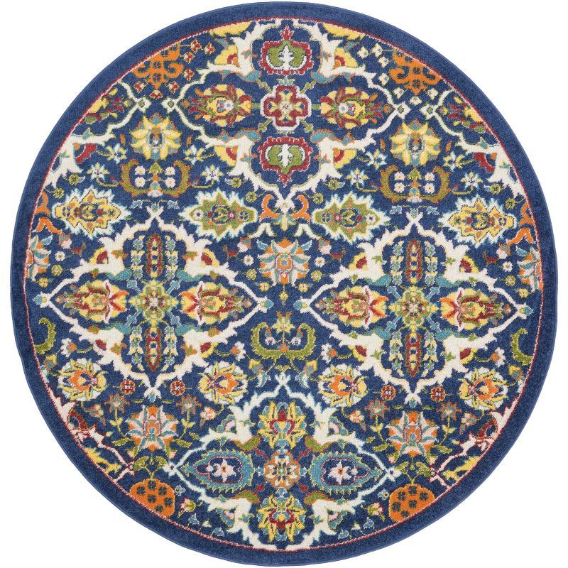 Navy Multicolor Floral Quatrefoil Synthetic Round Rug 63"