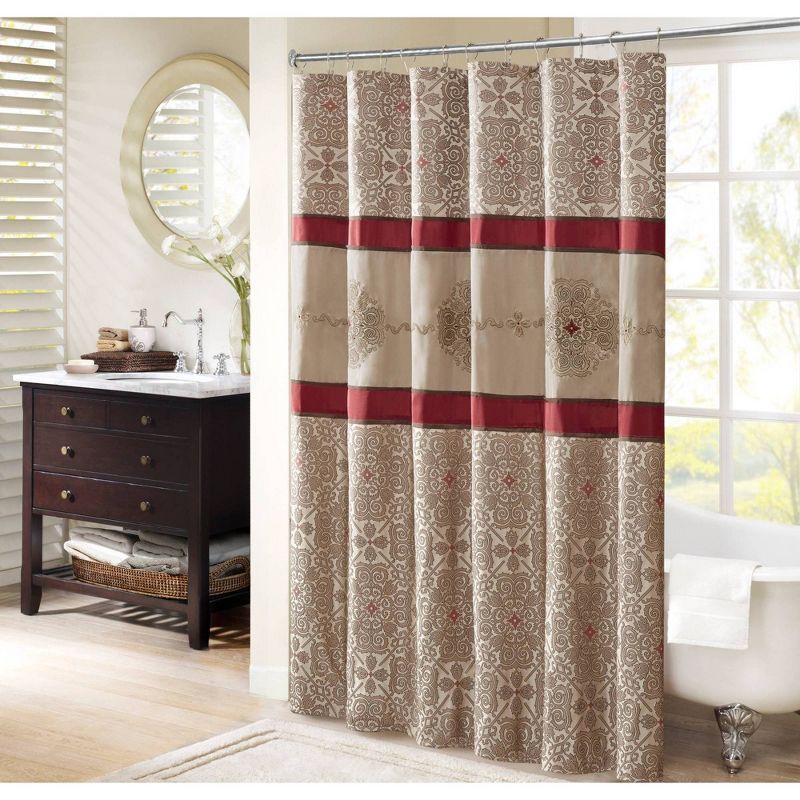 Beige and Red Embroidered Floral Shower Curtain