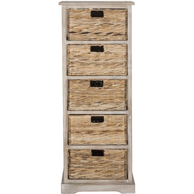 Vintage White Pine and Rattan 5-Basket Storage Tower