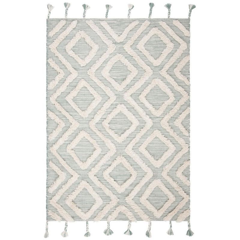 Aqua and Ivory Geometric Wool Hand-Knotted 4' x 6' Rug