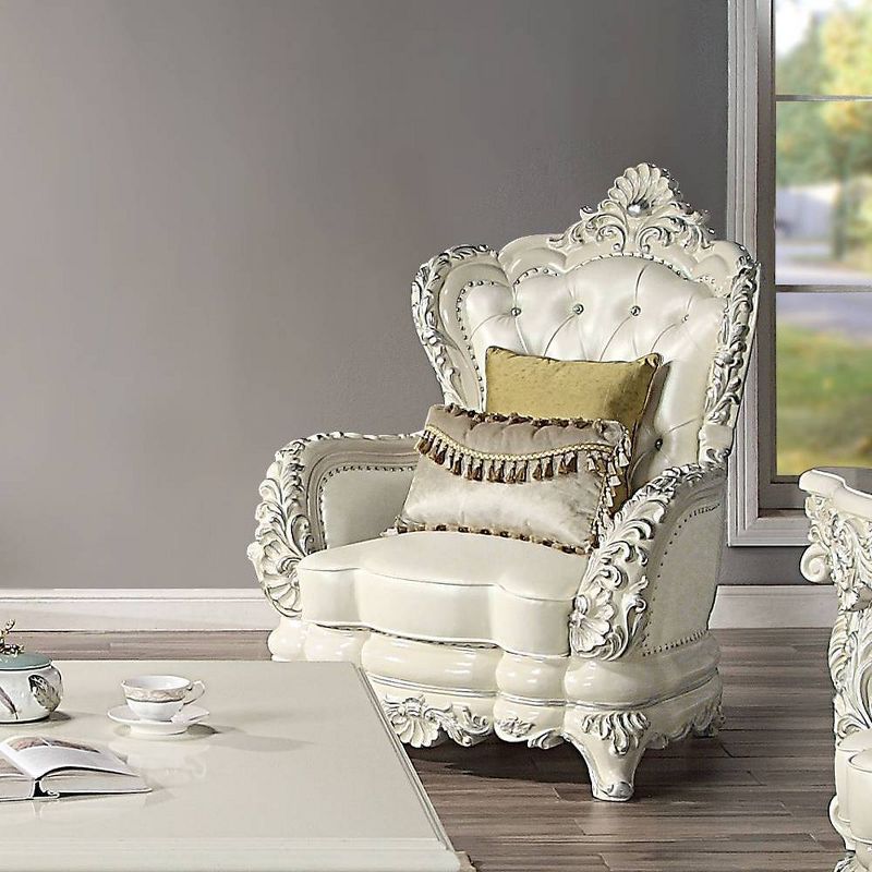 Adara Antique White Faux Leather Floral Accent Chair