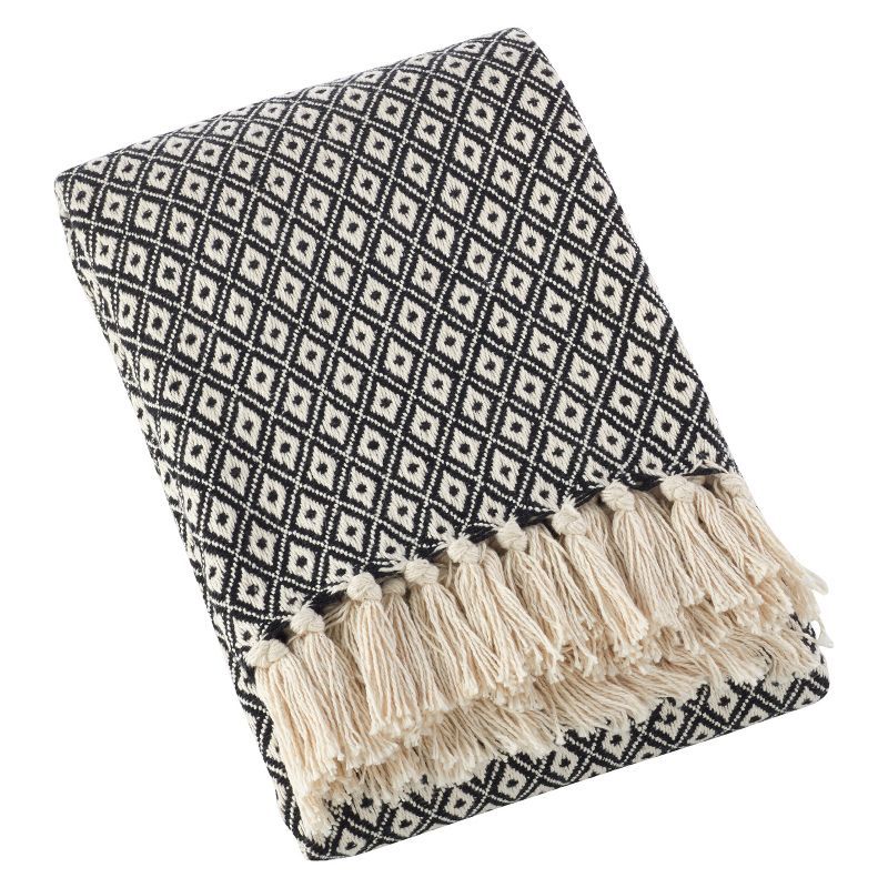 Boho Chic Cotton Diamond Weave Throw Blanket with Fringe