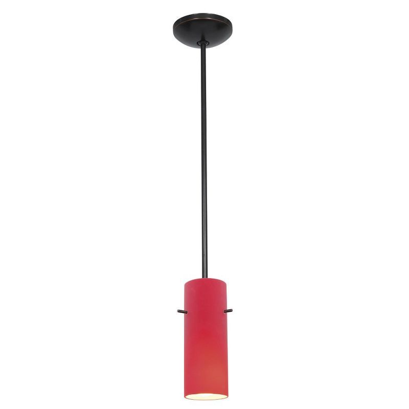 Red Glass Cylinder Pendant Light with Bronze Finish