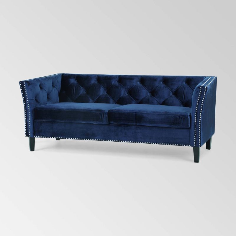 Midnight Blue Velvet Tufted 3-Seater Sofa with Nailhead Trim