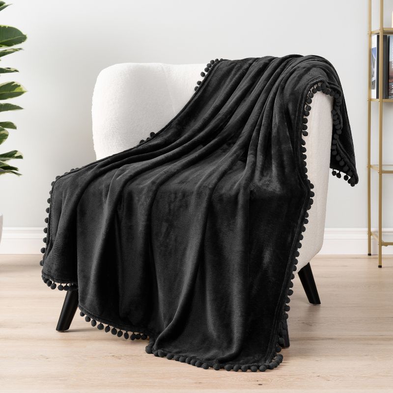 Black Fleece Pom Pom Fringe Throw Blanket