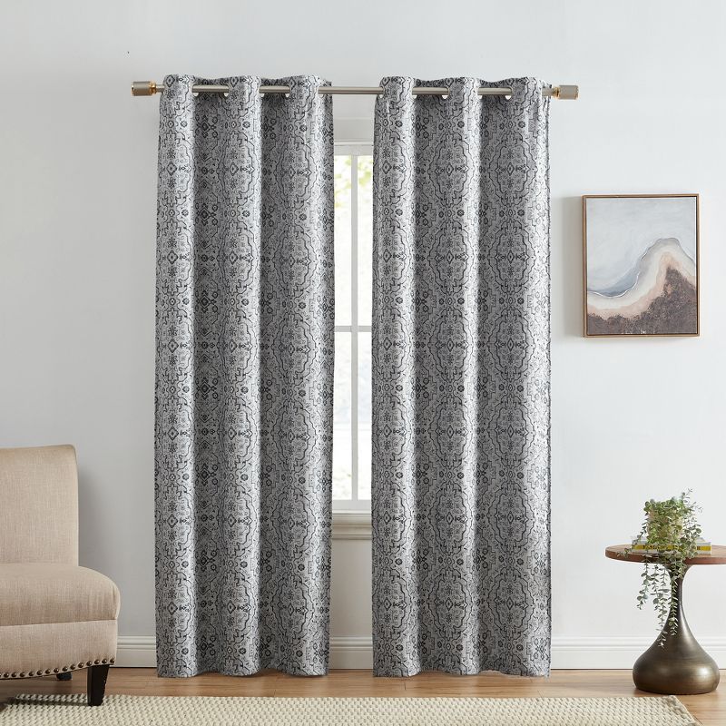 Charcoal Ikat Print Blackout Window Curtain Panels, Set of 2, 37" x 84"