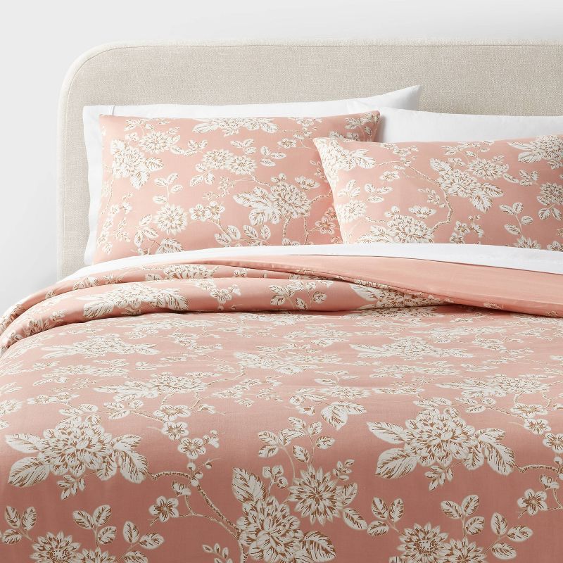 Light Pink Floral Cotton Full/Queen Duvet and Sham Set