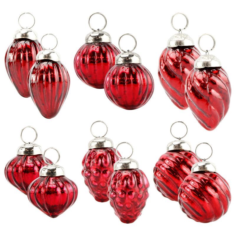 Antiqued Dark Red Glass Finial Ornaments Set, 12 Pieces